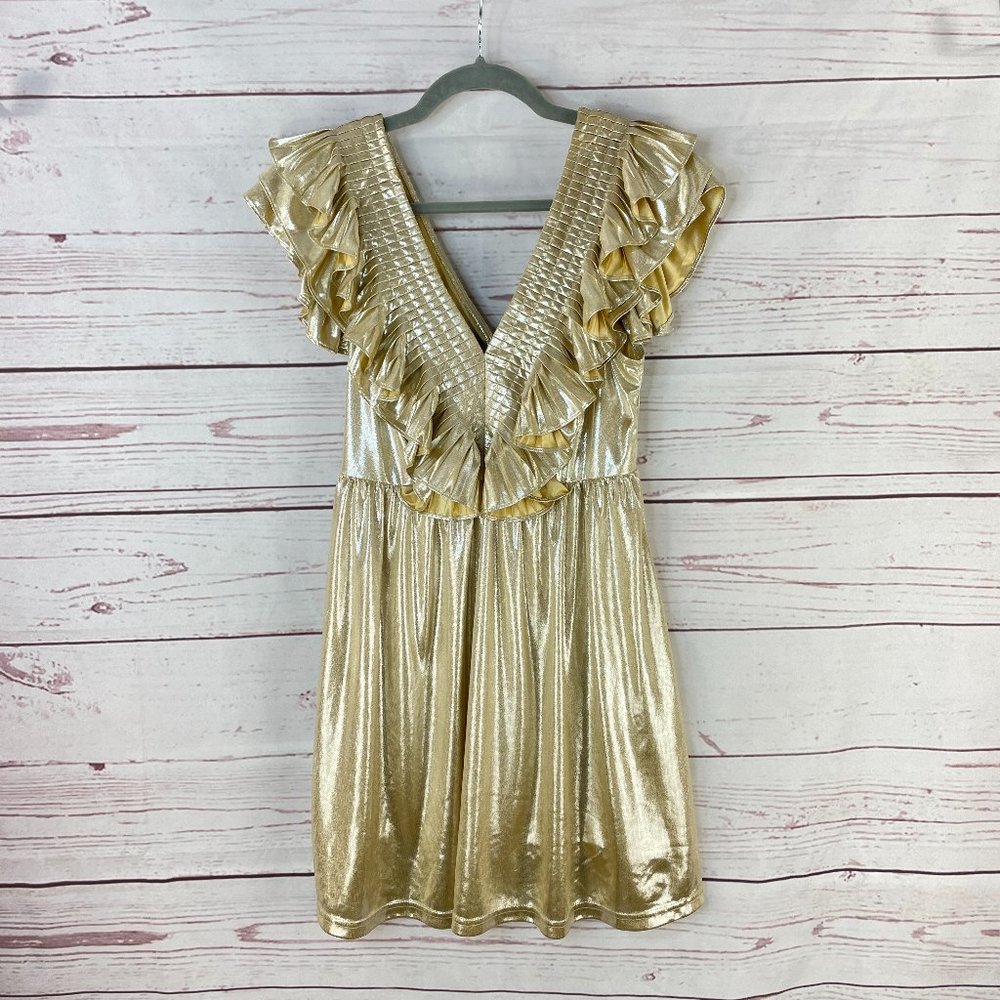 entro Metallic Gold Ruffle V-Neck Mini Dress